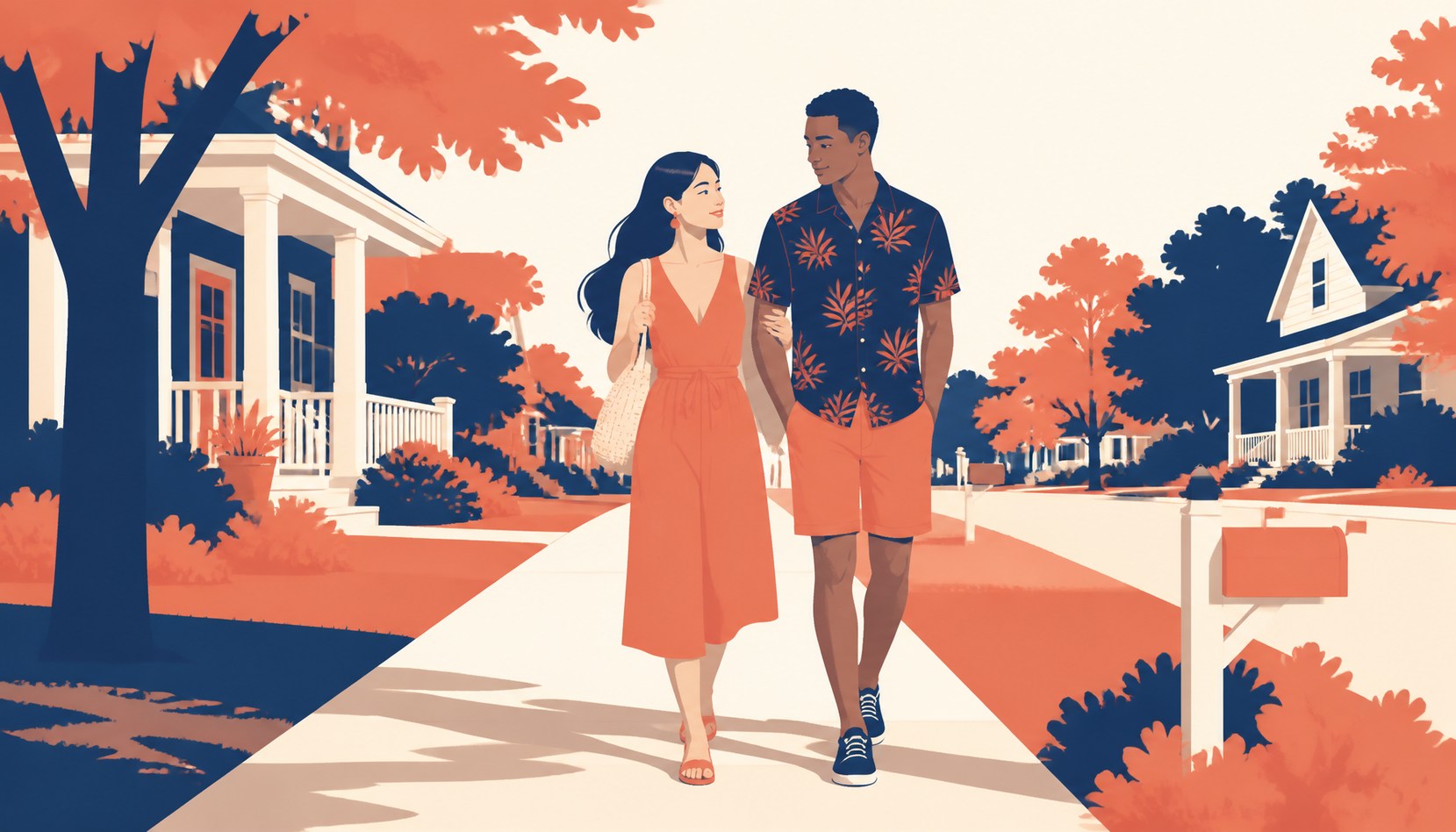A couple walking together in a north metro Atlanta neighborhood