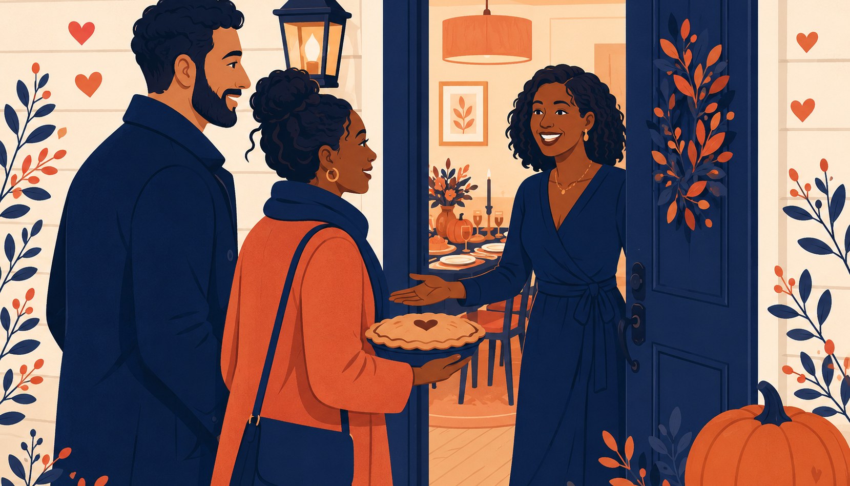 A couple standing at a front door with a pie in hand, being welcomed inside a home set for Thanksgiving dinner.