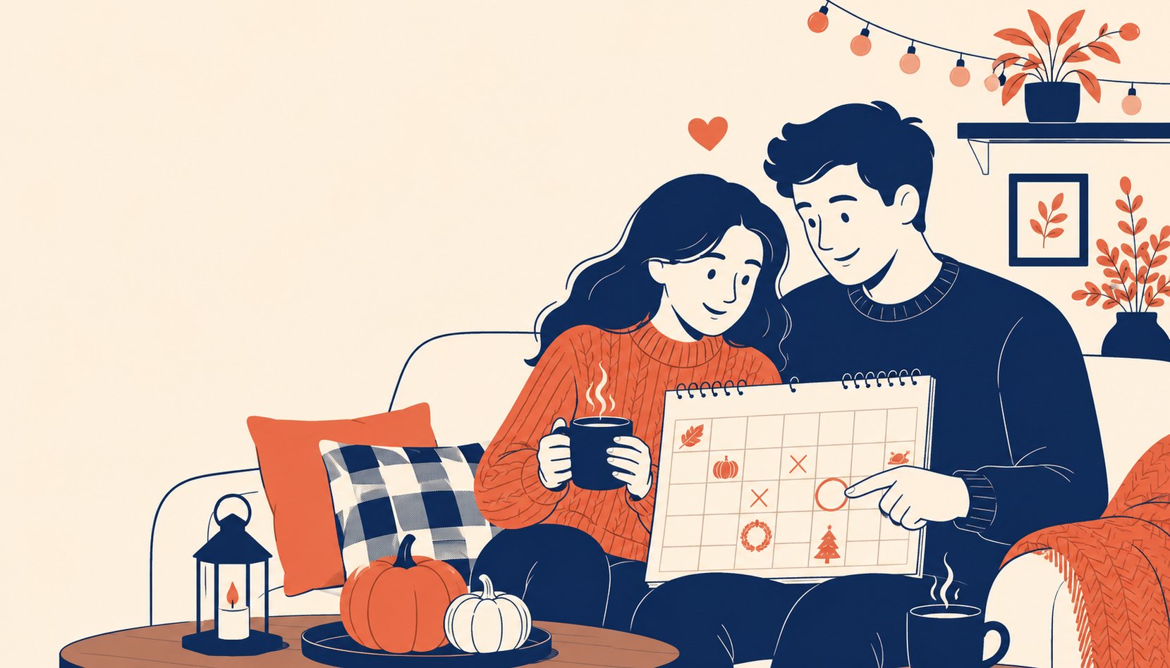 A couple sitting close together on a couch, marking dates on a holiday calendar while sharing warm drinks.