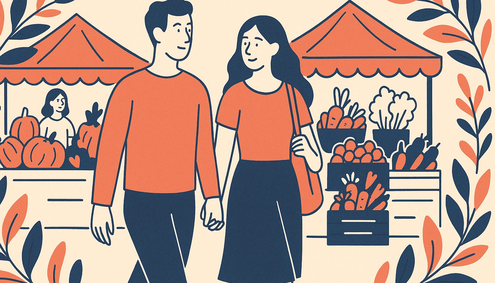 A couple strolling through an open-air farmers market