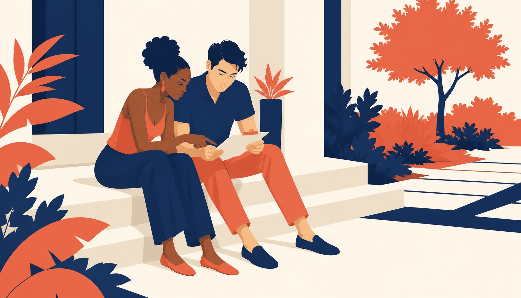 A couple sitting side by side on a porch step, filling out a paper quiz on a clipboard together and comparing answers