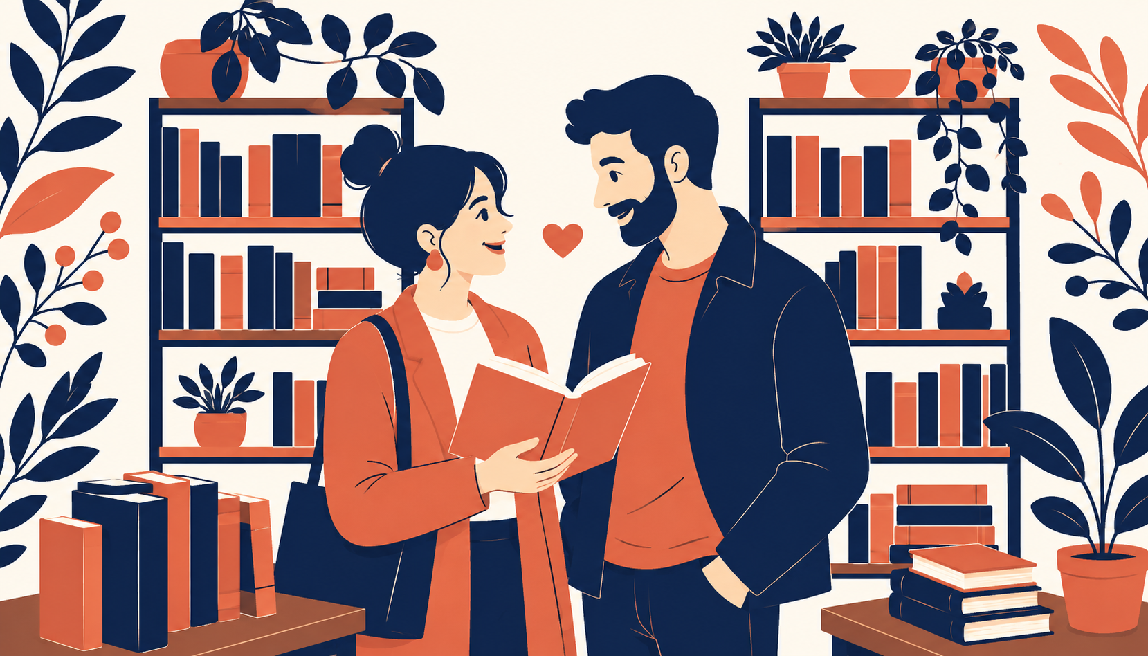 Illustration of a couple sharing a book together in a cozy bookstore, warm editorial style with navy linework and botanical framing
