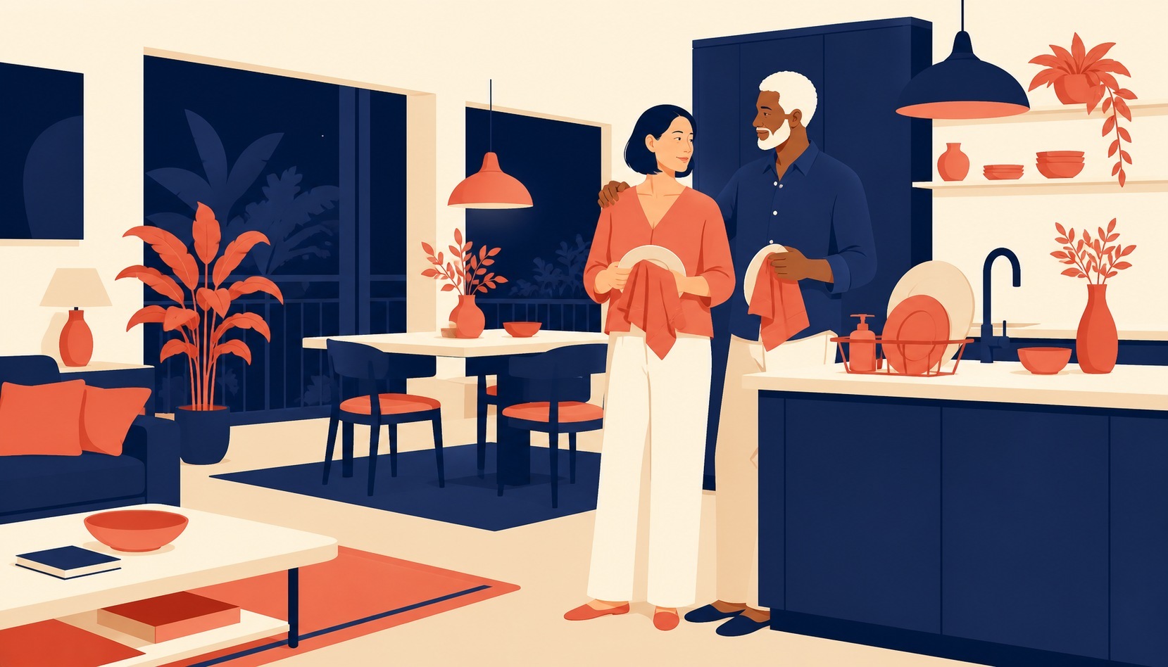 A married couple in their forties and fifties drying dishes side by side in a lamplit kitchen, one hand resting on the other's shoulder as they talk