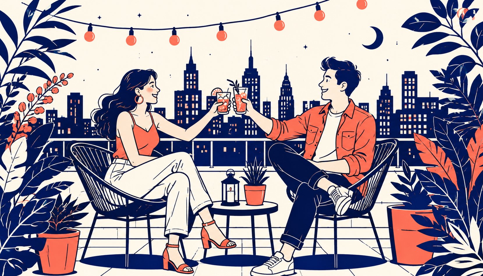 Two people high-fiving on a rooftop at night with a city skyline behind them