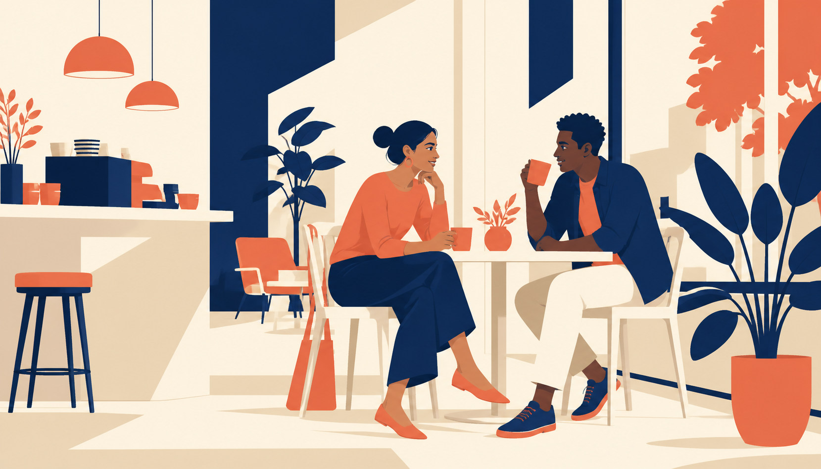 A couple on a relaxed daytime coffee shop date, sitting by a window with mugs and no alcohol in sight, mid-conversation