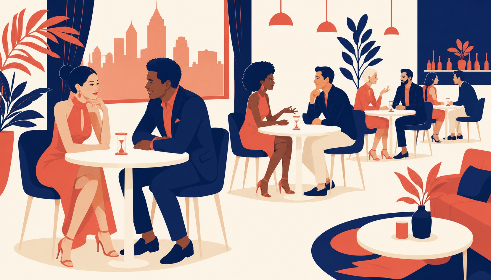 A row of two-person tables at an Atlanta speed dating event, pairs of singles talking while a timer runs