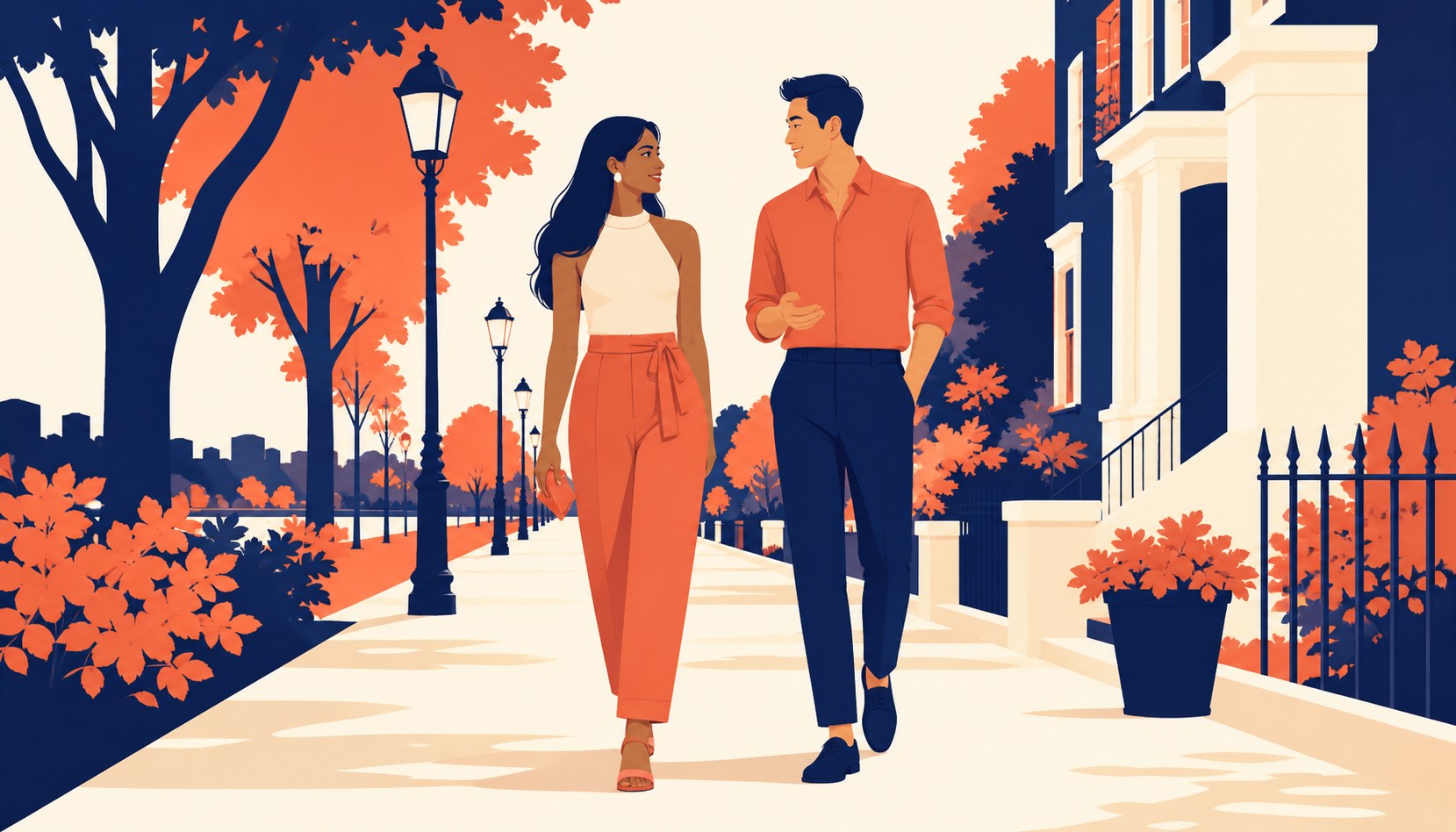 A man and a woman in autumn evening light walking down a tree-lined street, turned toward each other mid-conversation, her phone held loosely at her side