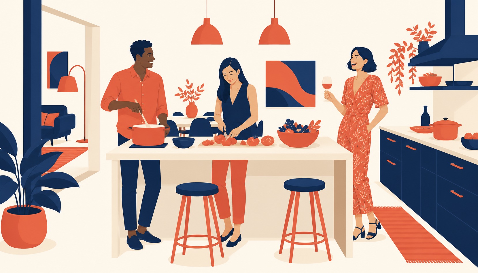Three adults cooking dinner together around a kitchen island in a lamplit home, one stirring a pot, one slicing tomatoes and one laughing with a glass in hand