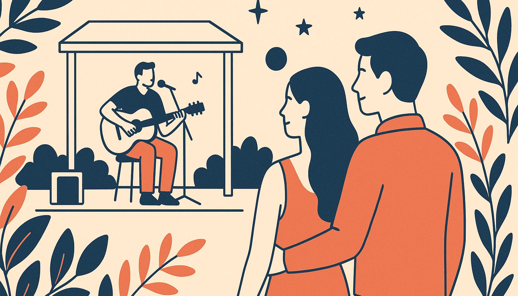 A couple enjoying an outdoor live-music night near a small stage