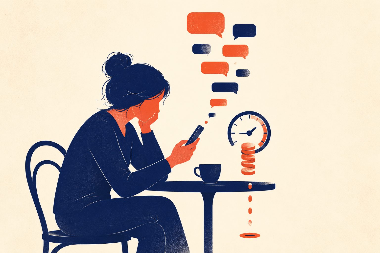 A person alone at a café table paying by the minute to keep a chat going, coins draining into a meter
