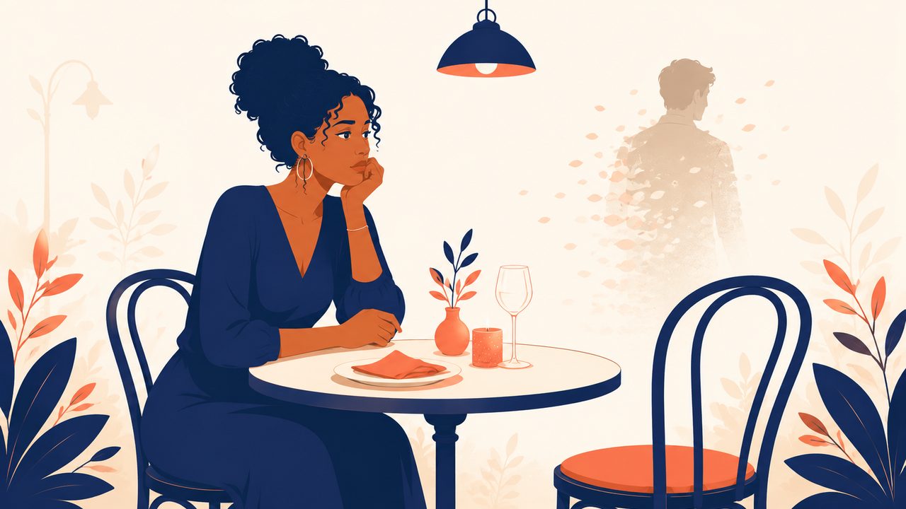 An empty cafe table set for two, one chair pushed back and vacant