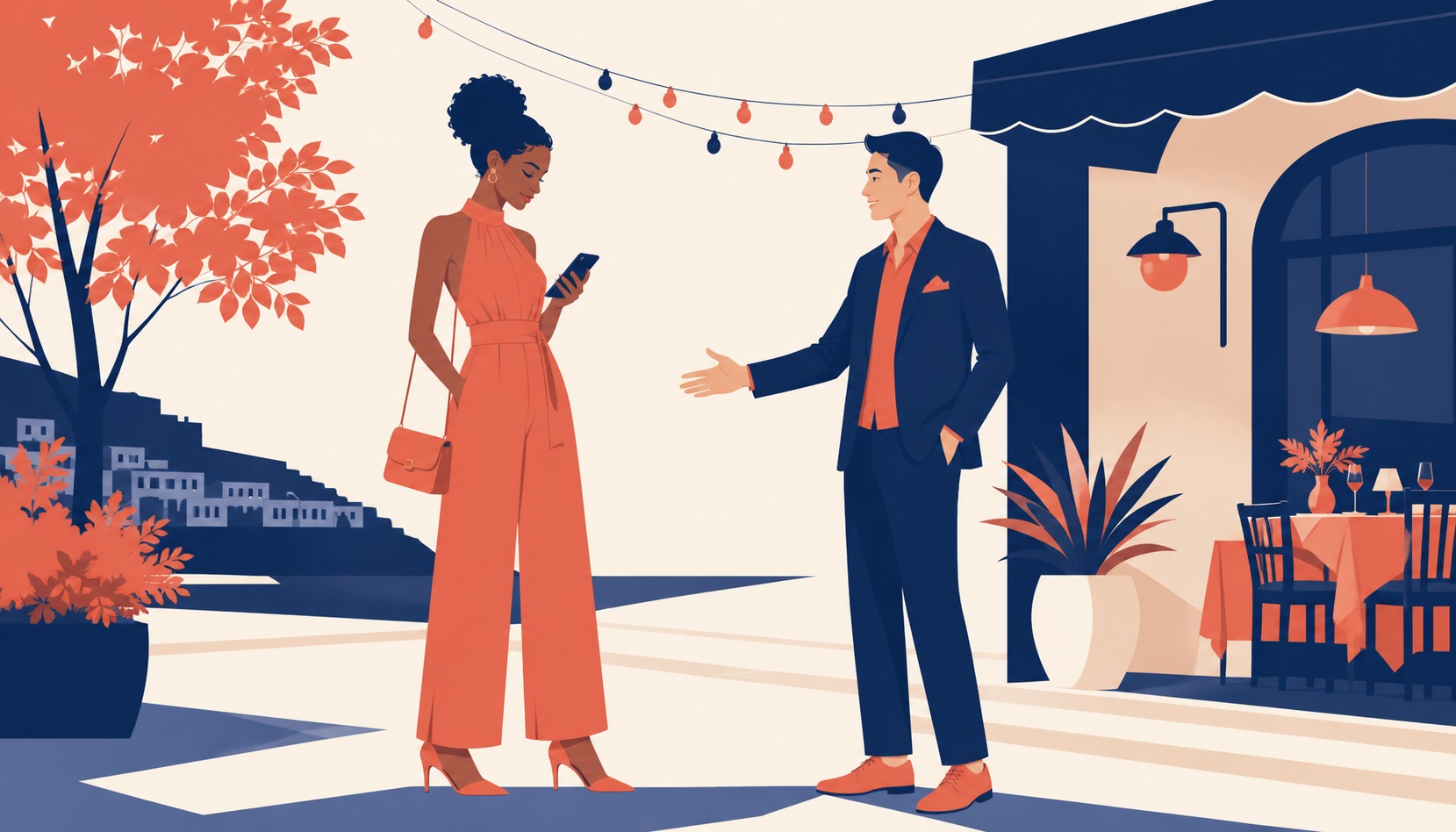 A couple meeting for a first date, one glancing at their phone with a knowing smile