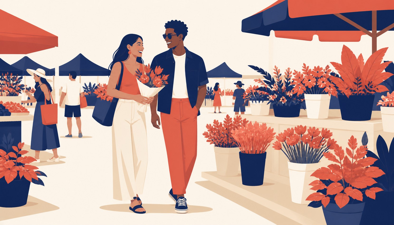 A couple browsing a flower stall together at an outdoor market, both laughing mid-conversation