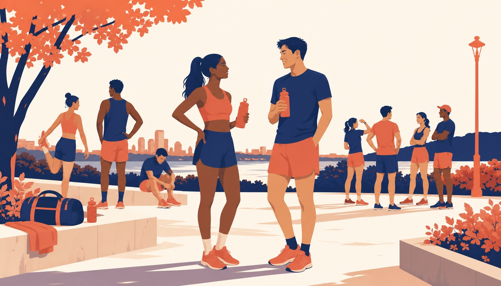 A man and a woman in their late twenties talking at the edge of a weekly run club meetup, other runners stretching and chatting in small groups behind them