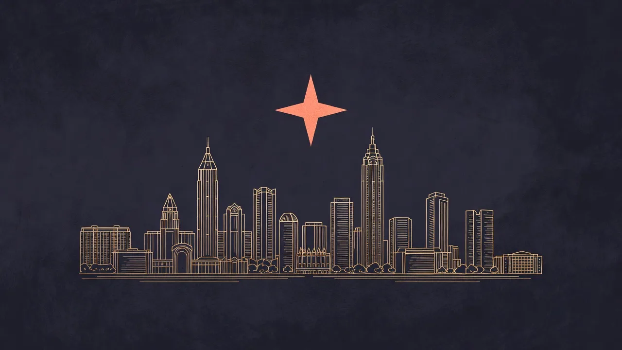 Engraved emblem of the Atlanta skyline with a coral star