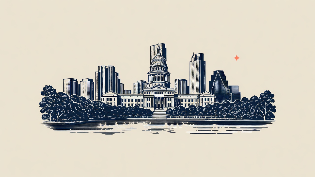 Engraved emblem of the Austin skyline with a coral star