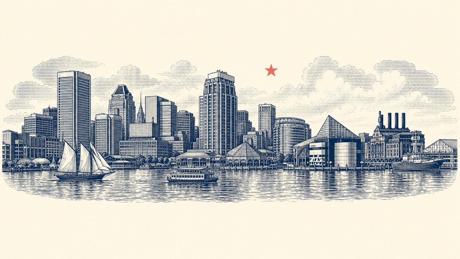 Engraved emblem of the Baltimore skyline with a coral star