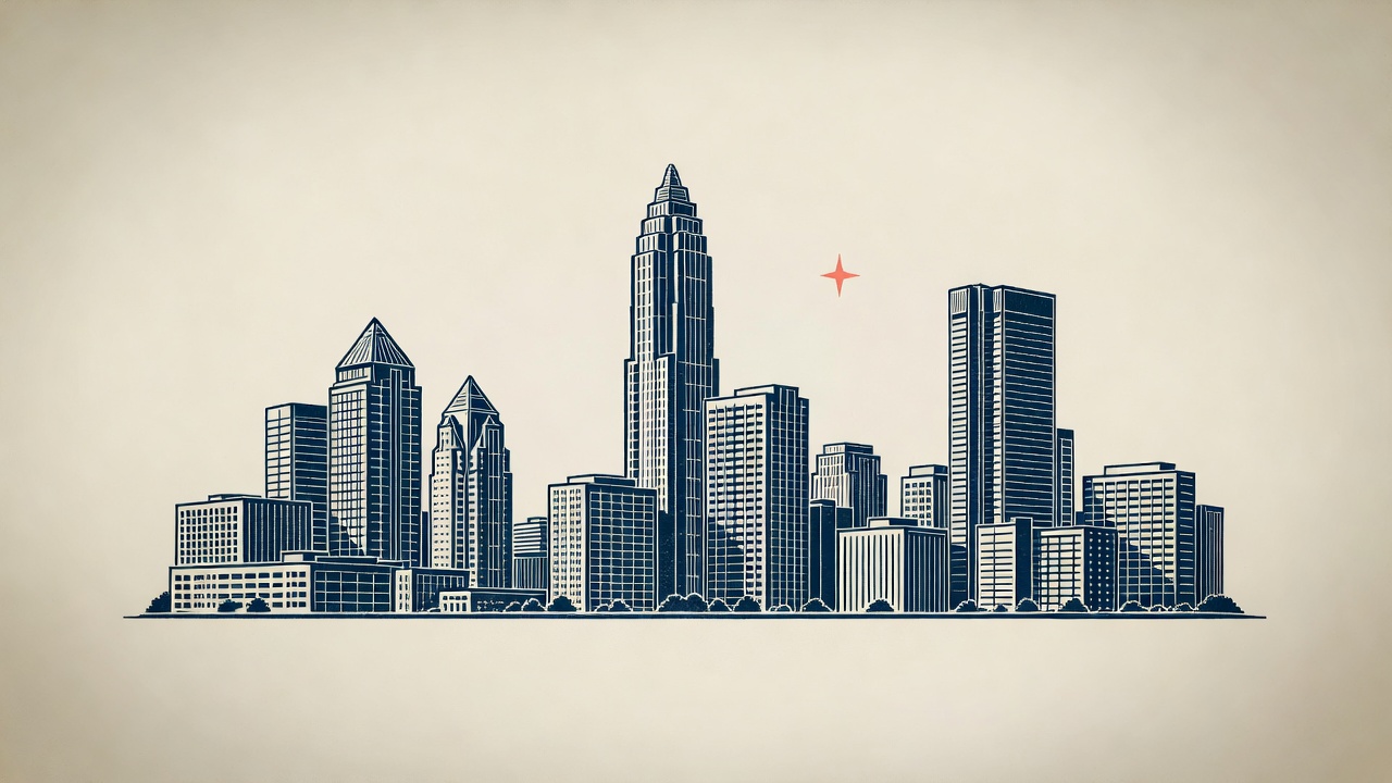 Engraved emblem of the Charlotte skyline with a coral star