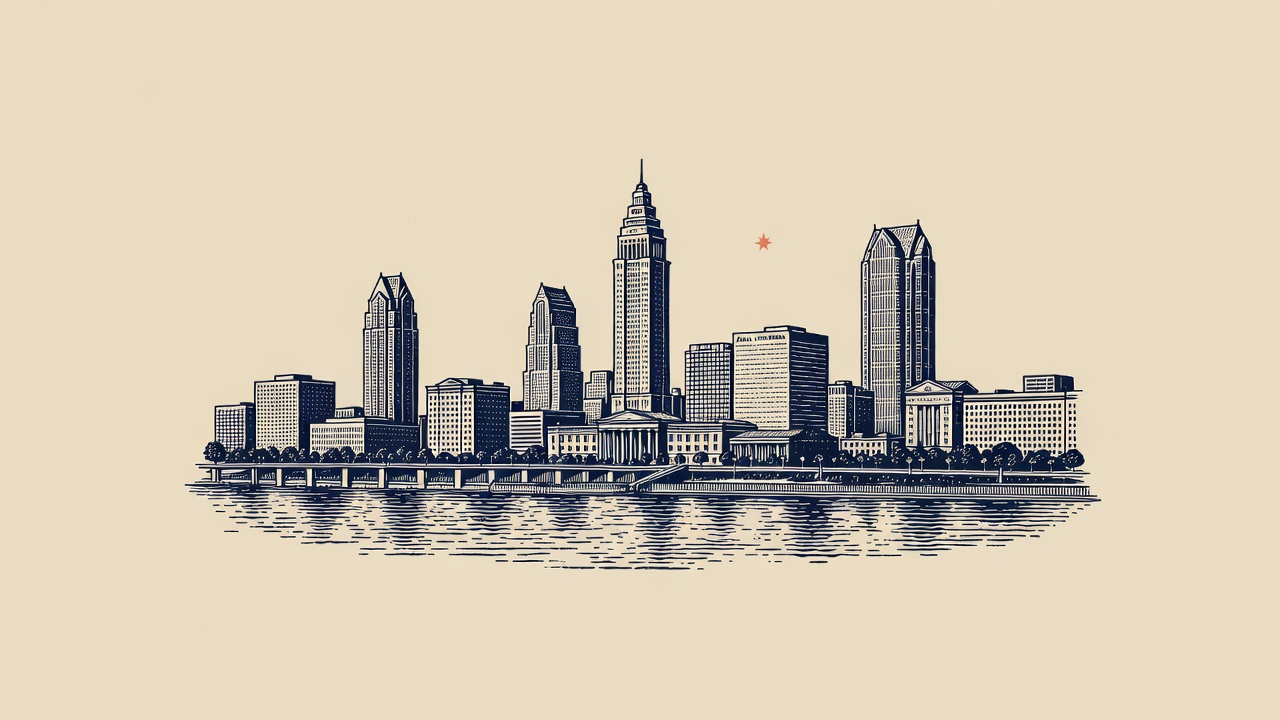 Engraved emblem of the Columbus skyline with a coral star