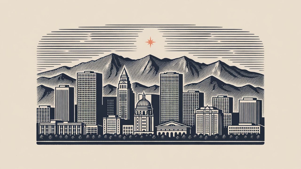 Engraved emblem of the Denver skyline with a coral star