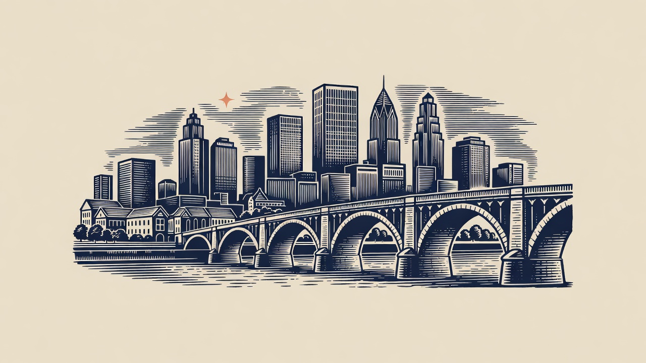 Engraved emblem of the Minneapolis skyline with a coral star