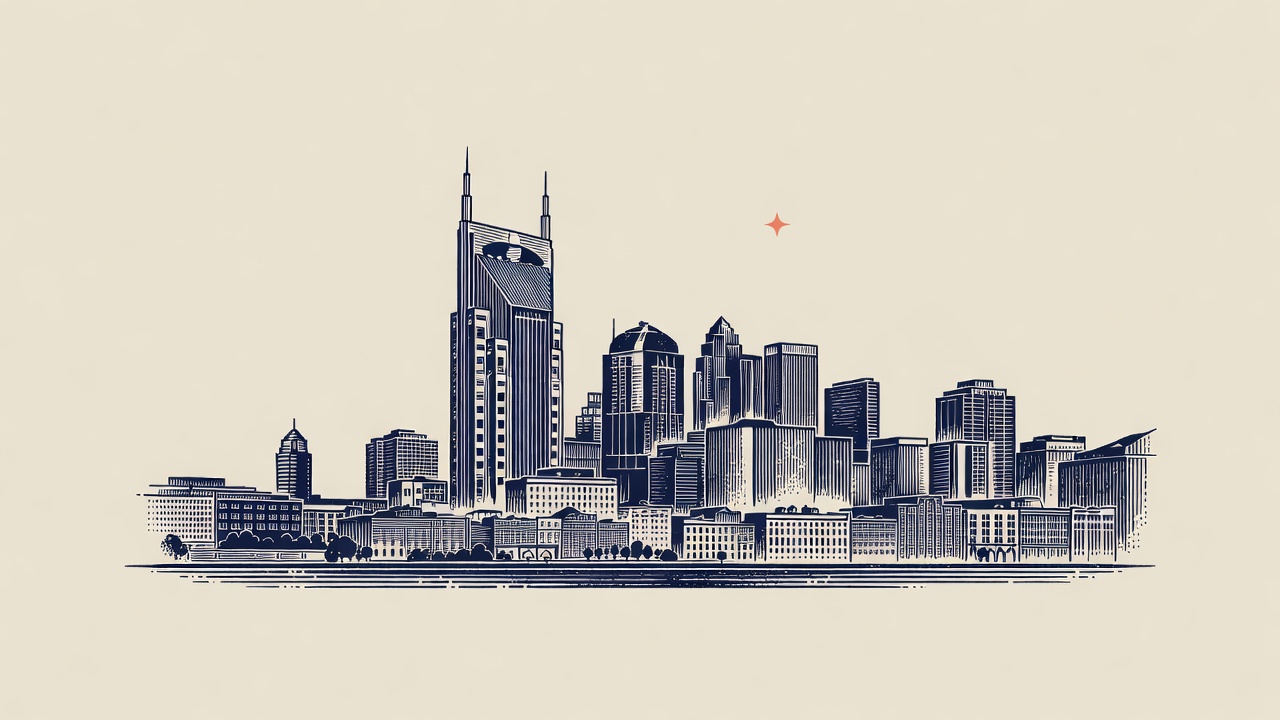 Engraved emblem of the Nashville skyline with a coral star