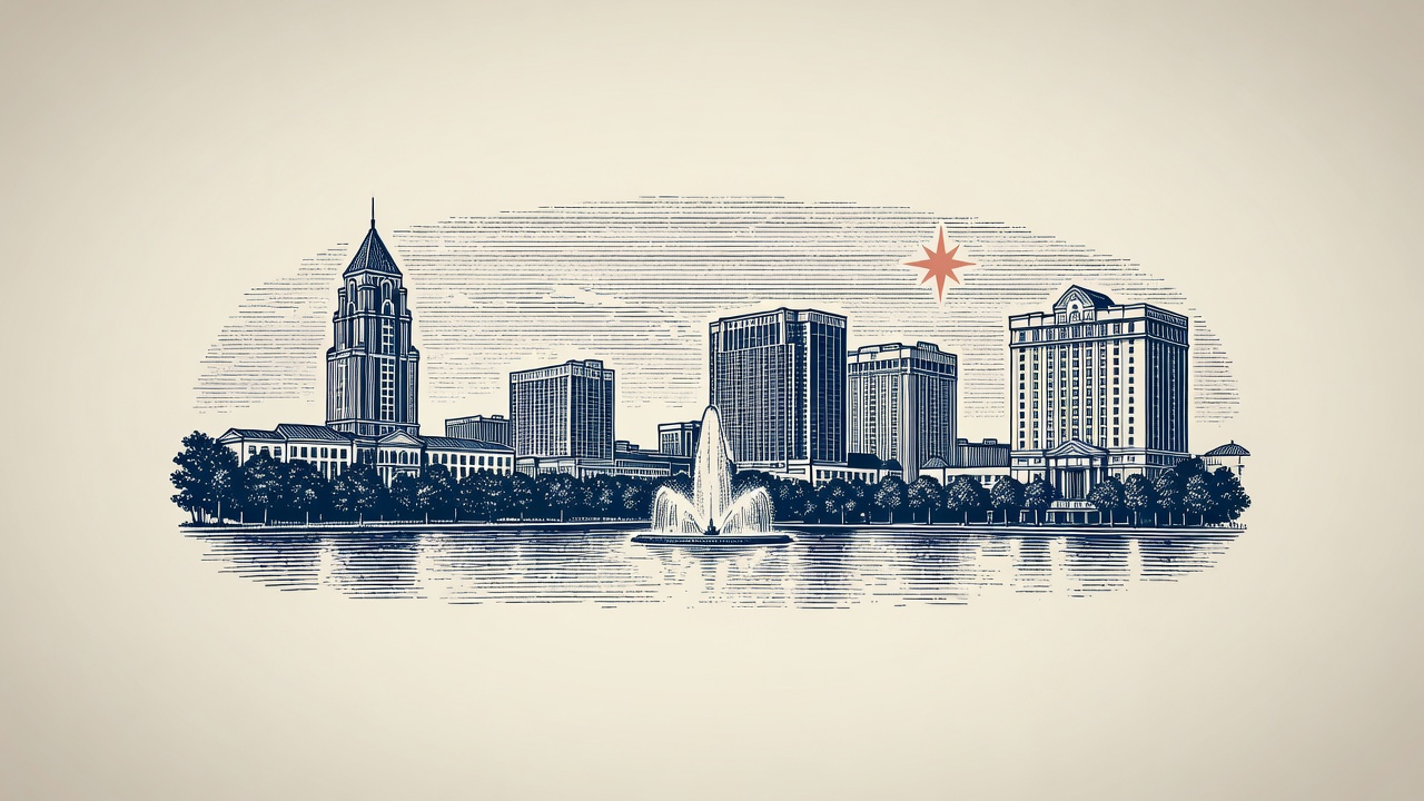 Engraved emblem of the Orlando skyline with a coral star