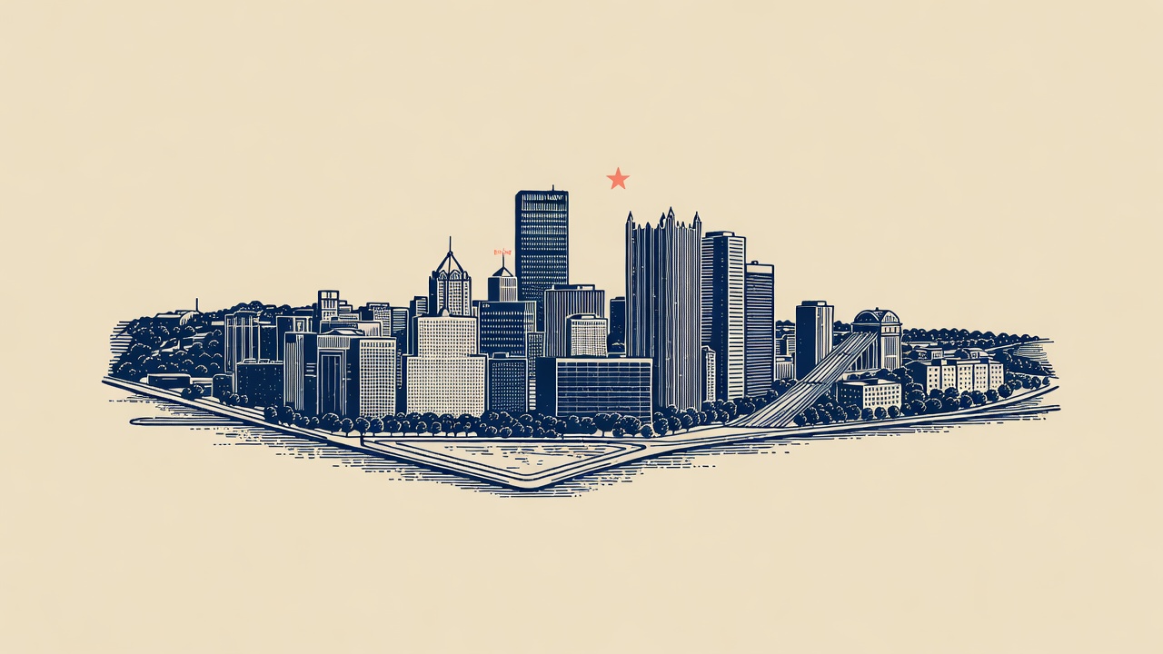 Engraved emblem of the Pittsburgh skyline with a coral star