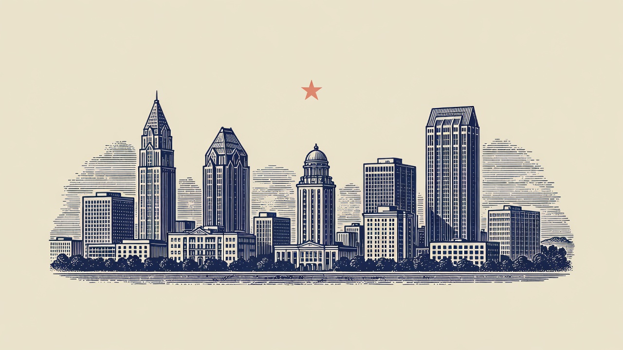 Engraved emblem of the Raleigh–Durham skyline with a coral star