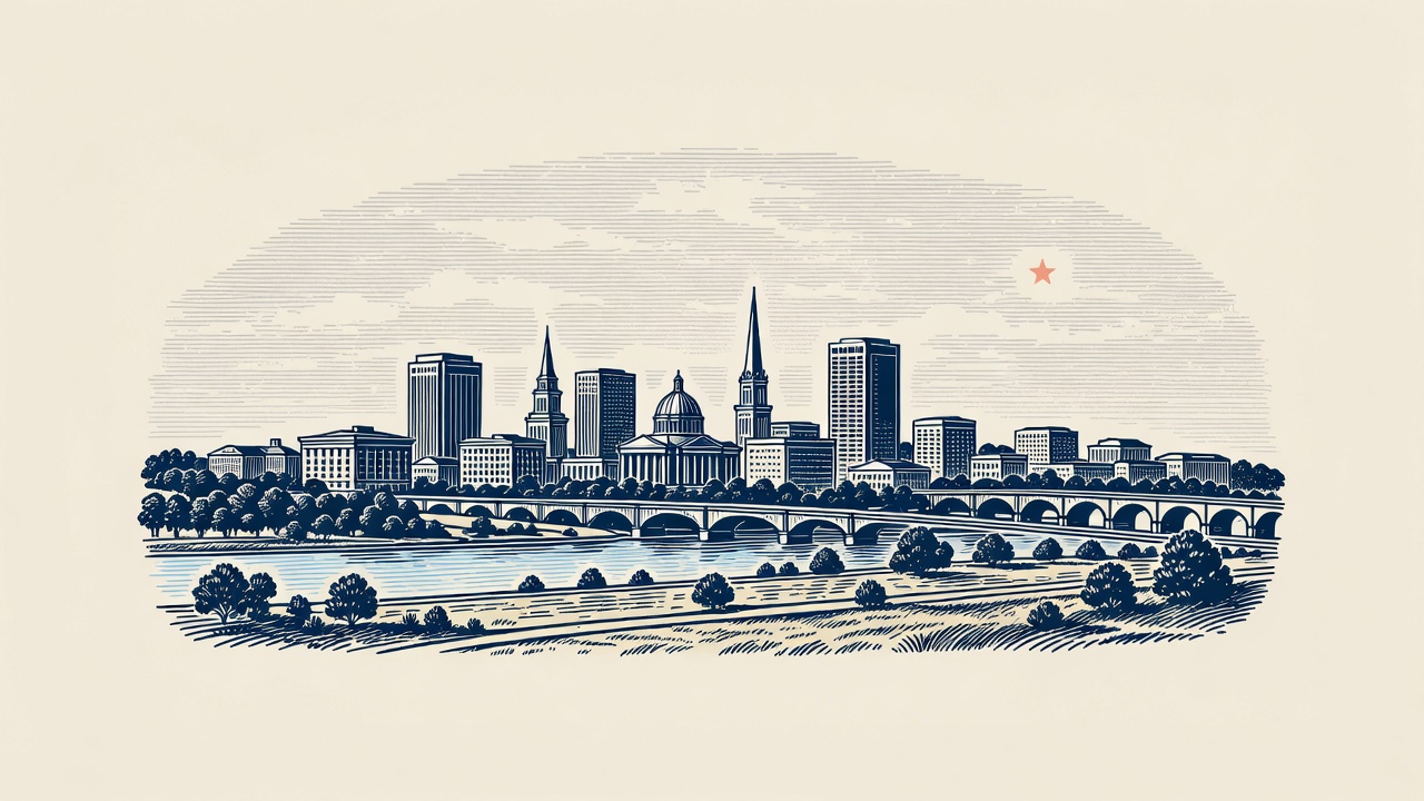 Engraved emblem of the Richmond skyline with a coral star