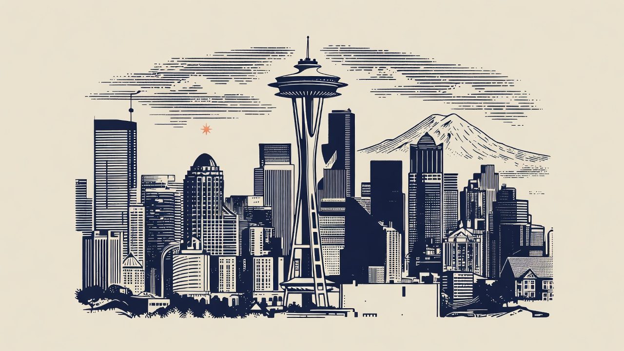 Engraved emblem of the Seattle skyline with a coral star