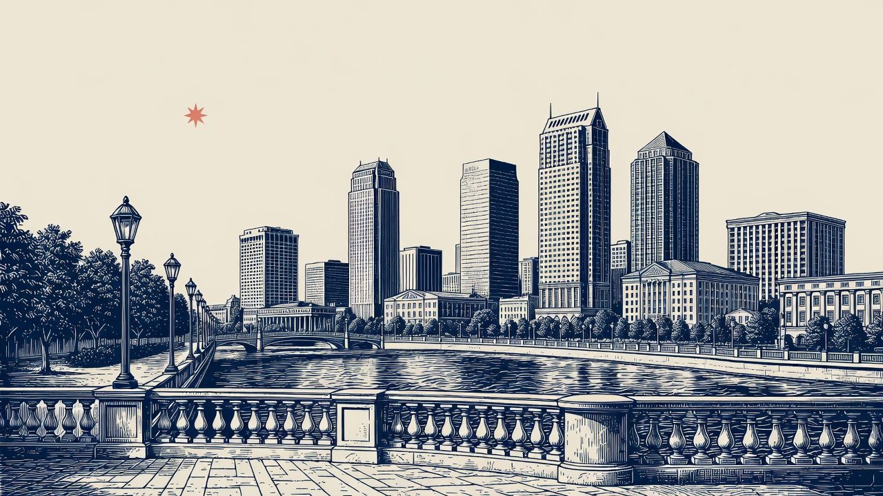 Engraved emblem of the Tampa skyline with a coral star
