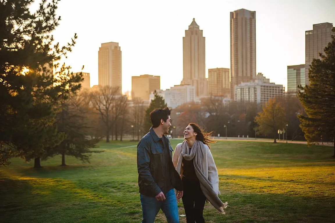 A couple walking through Piedmont Park at golden hour, midtown Atlanta skyline behind them