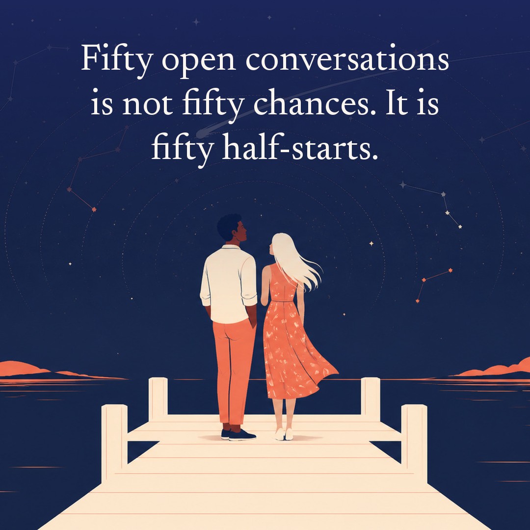 “Fifty open conversations is not fifty chances. It is fifty half-starts.” A couple, two adults standing at the end of a wooden pier over calm dark water at night, beneath a vast star field, delicate constellation lines, faint concentric orbital rings and one long comet arc across a deep navy night sky, with a crescent moon low at one side.