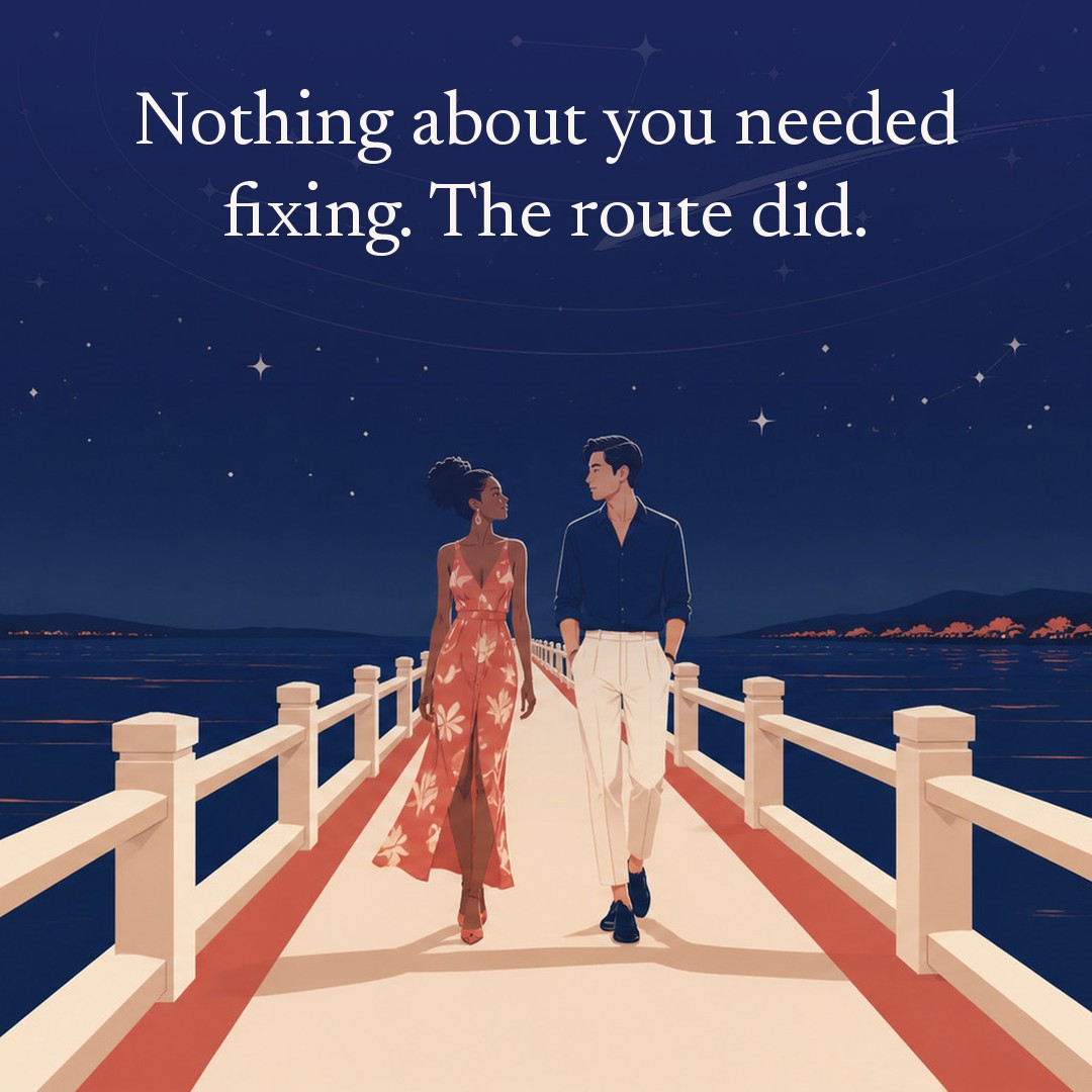 “Nothing about you needed fixing. The route did.” A couple, two adults pausing midway across a long footbridge over a wide river at night, beneath a vast star field, delicate constellation lines, faint concentric orbital rings and one long comet arc across a deep navy night sky, with a crescent moon low at one side.