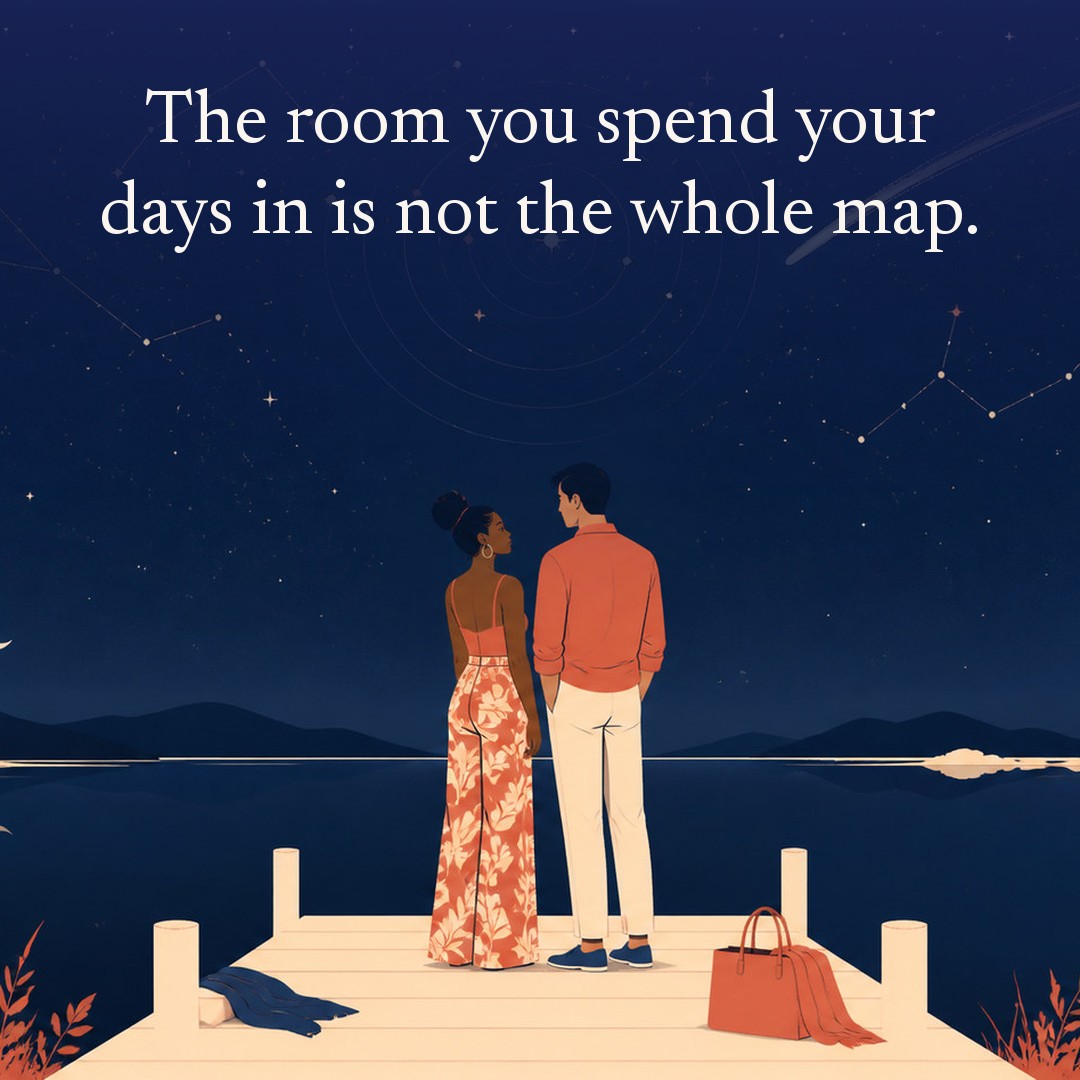“The room you spend your days in is not the whole map.” A couple, two adults at the end of a lakeside jetty, still water reflecting the sky at night, beneath a vast star field, delicate constellation lines, faint concentric orbital rings and one long comet arc across a deep navy night sky, with a crescent moon low at one side.