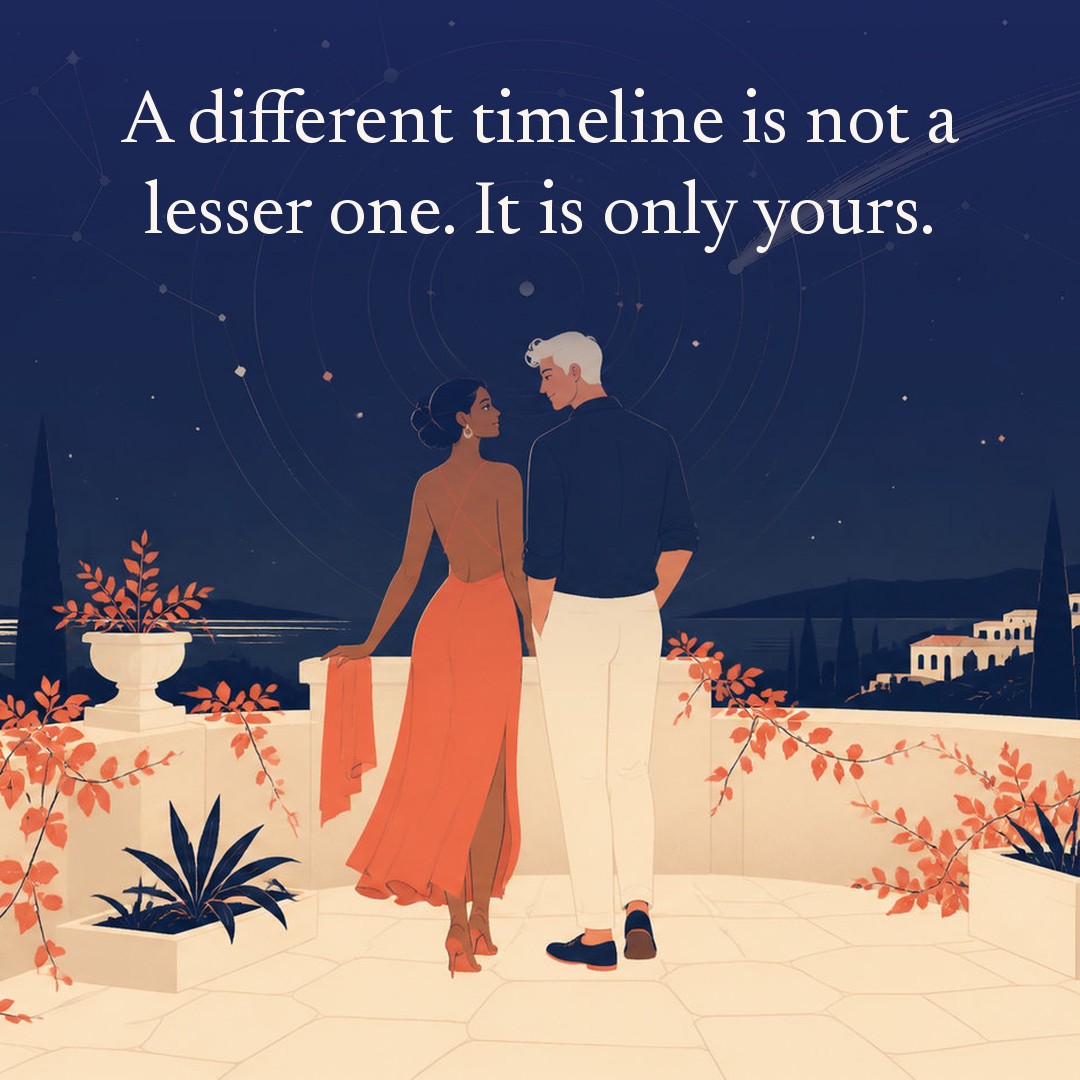 “A different timeline is not a lesser one. It is only yours.” A couple, two adults on a stone terrace edged with climbing vines and low planters at night, beneath a vast star field, delicate constellation lines, faint concentric orbital rings and one long comet arc across a deep navy night sky, with a crescent moon low at one side.