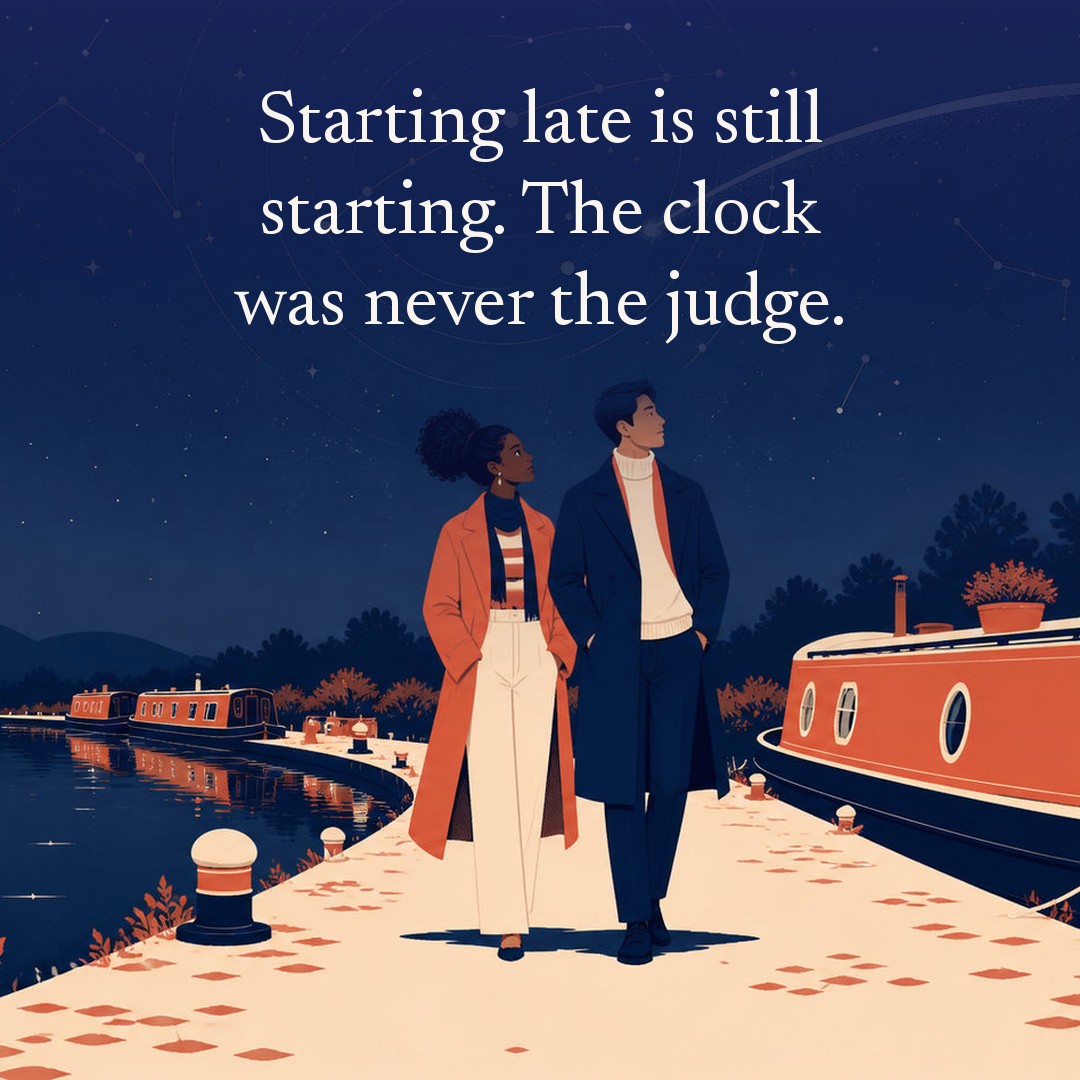 “Starting late is still starting. The clock was never the judge.” A couple, two adults on a canal path beside a few moored narrowboats at night, beneath a vast star field, delicate constellation lines, faint concentric orbital rings and one long comet arc across a deep navy night sky, with a crescent moon low at one side.