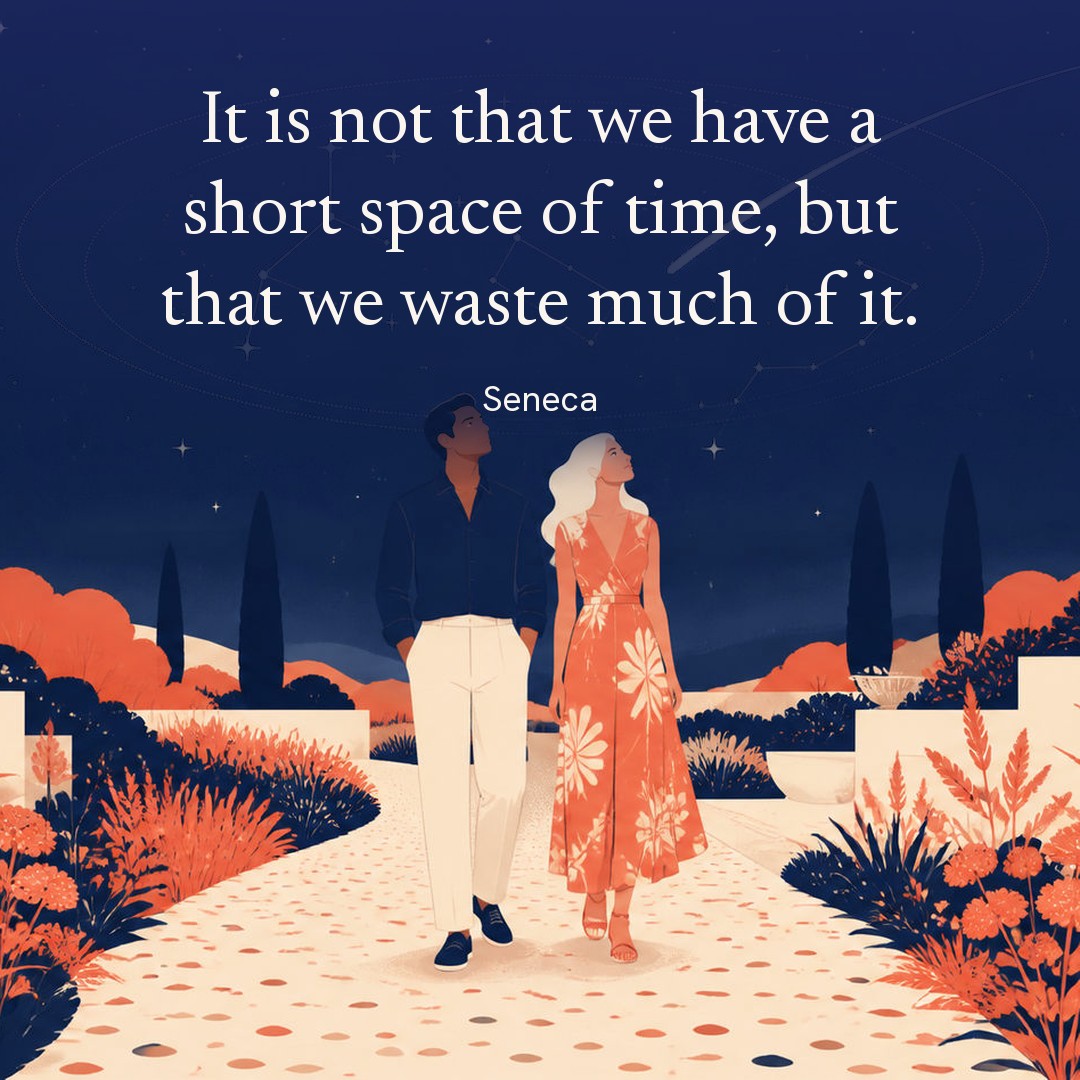 “It is not that we have a short space of time, but that we waste much of it.” A couple, two adults on a gravel path through a botanical garden, tall grasses either side at night, beneath a vast star field, delicate constellation lines, faint concentric orbital rings and one long comet arc across a deep navy night sky, with a crescent moon low at one side.