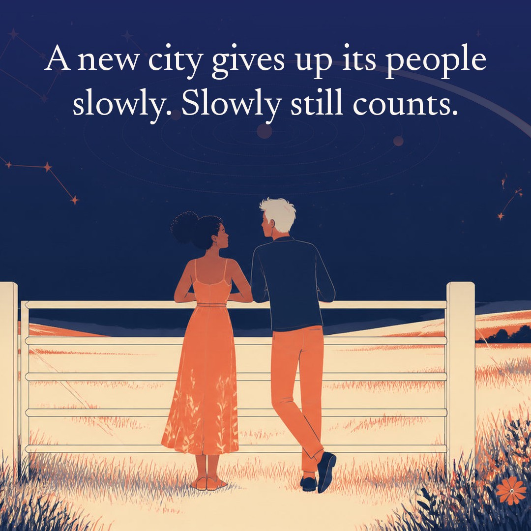 “A new city gives up its people slowly. Slowly still counts.” A couple, two adults leaning on a five-bar gate at the edge of an open meadow at night, beneath a vast star field, delicate constellation lines, faint concentric orbital rings and one long comet arc across a deep navy night sky, with a crescent moon low at one side.