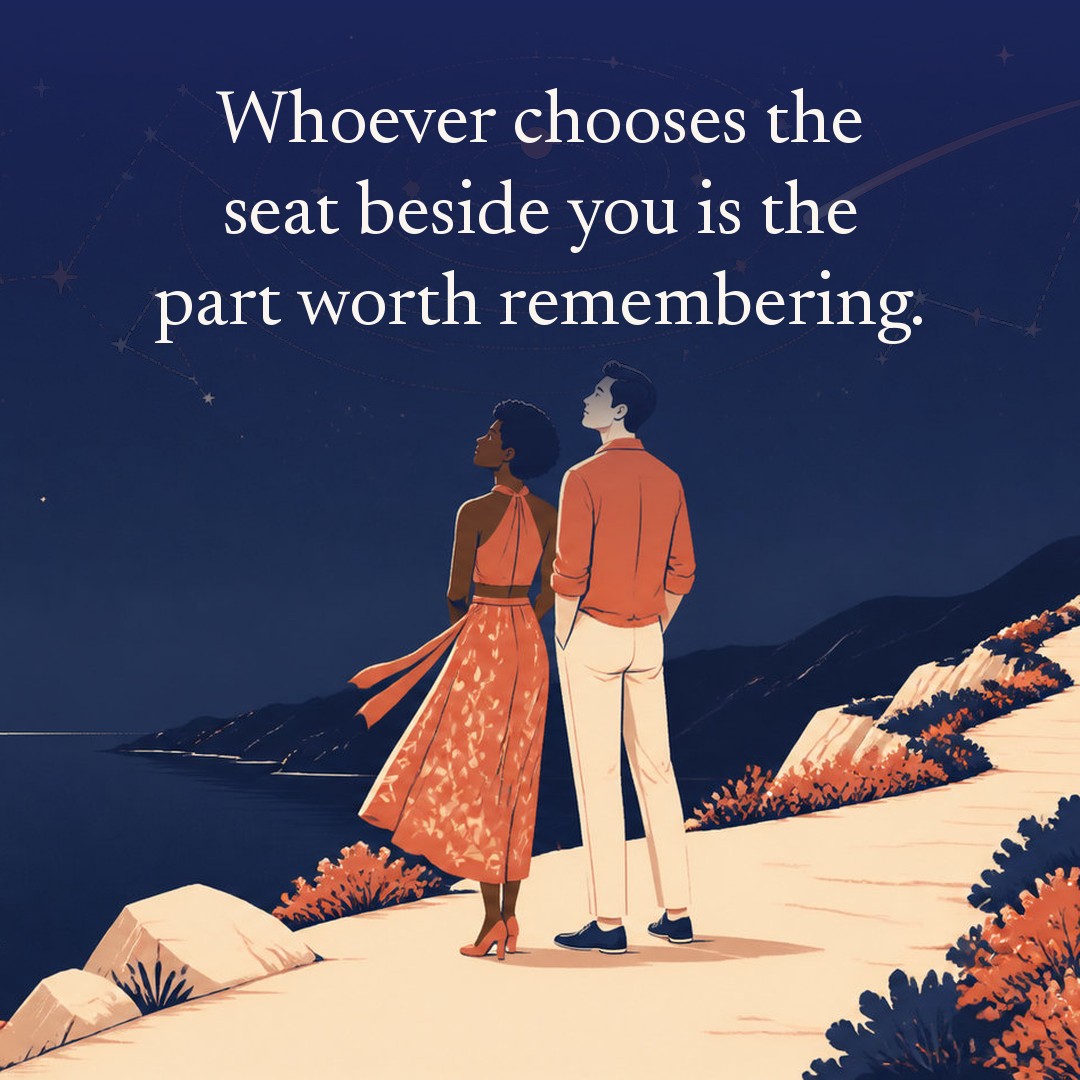 “Whoever chooses the seat beside you is the part worth remembering.” A couple, two adults on a cliff path high above a dark calm sea at night, beneath a vast star field, delicate constellation lines, faint concentric orbital rings and one long comet arc across a deep navy night sky, with a crescent moon low at one side.