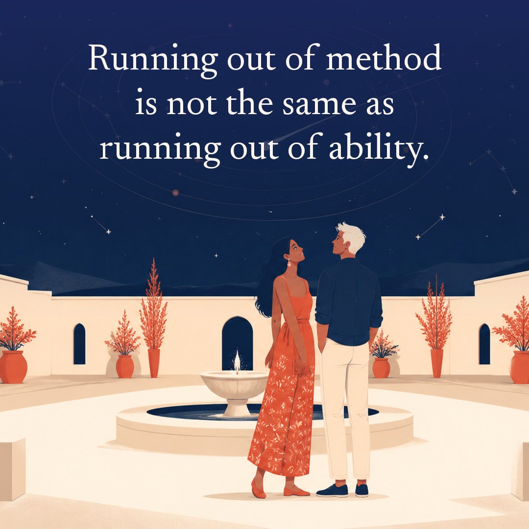“Running out of method is not the same as running out of ability.” A couple, two adults in a walled courtyard with a low stone fountain at night, beneath a vast star field, delicate constellation lines, faint concentric orbital rings and one long comet arc across a deep navy night sky, with a crescent moon low at one side.