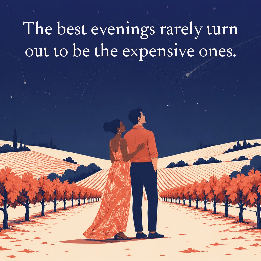 “The best evenings rarely turn out to be the expensive ones.” A couple, two adults between two long rows of a vineyard on a gentle slope at night, beneath a vast star field, delicate constellation lines, faint concentric orbital rings and one long comet arc across a deep navy night sky, with a crescent moon low at one side.
