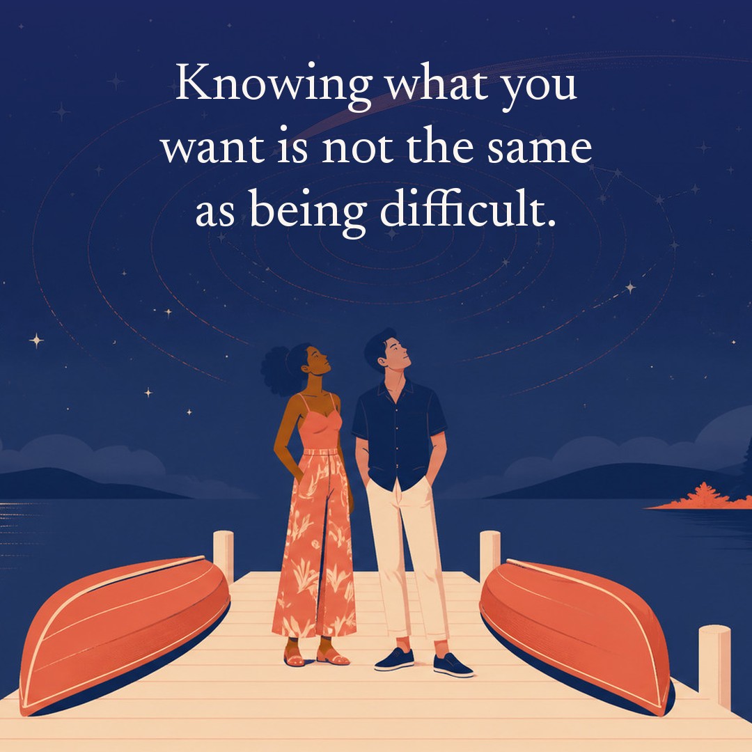 “Knowing what you want is not the same as being difficult.” A couple, two adults on a wooden dock with two upturned canoes beside them at night, beneath a vast star field, delicate constellation lines, faint concentric orbital rings and one long comet arc across a deep navy night sky, with a crescent moon low at one side.