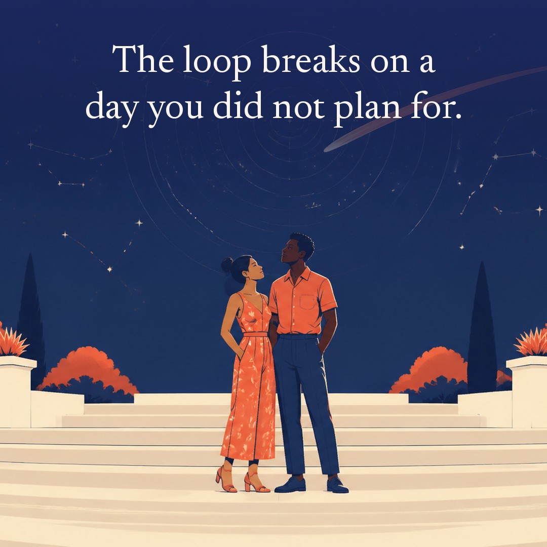 “The loop breaks on a day you did not plan for.” A couple, two adults on the wide stone steps of a park amphitheatre at night, beneath a vast star field, delicate constellation lines, faint concentric orbital rings and one long comet arc across a deep navy night sky, with a crescent moon low at one side.