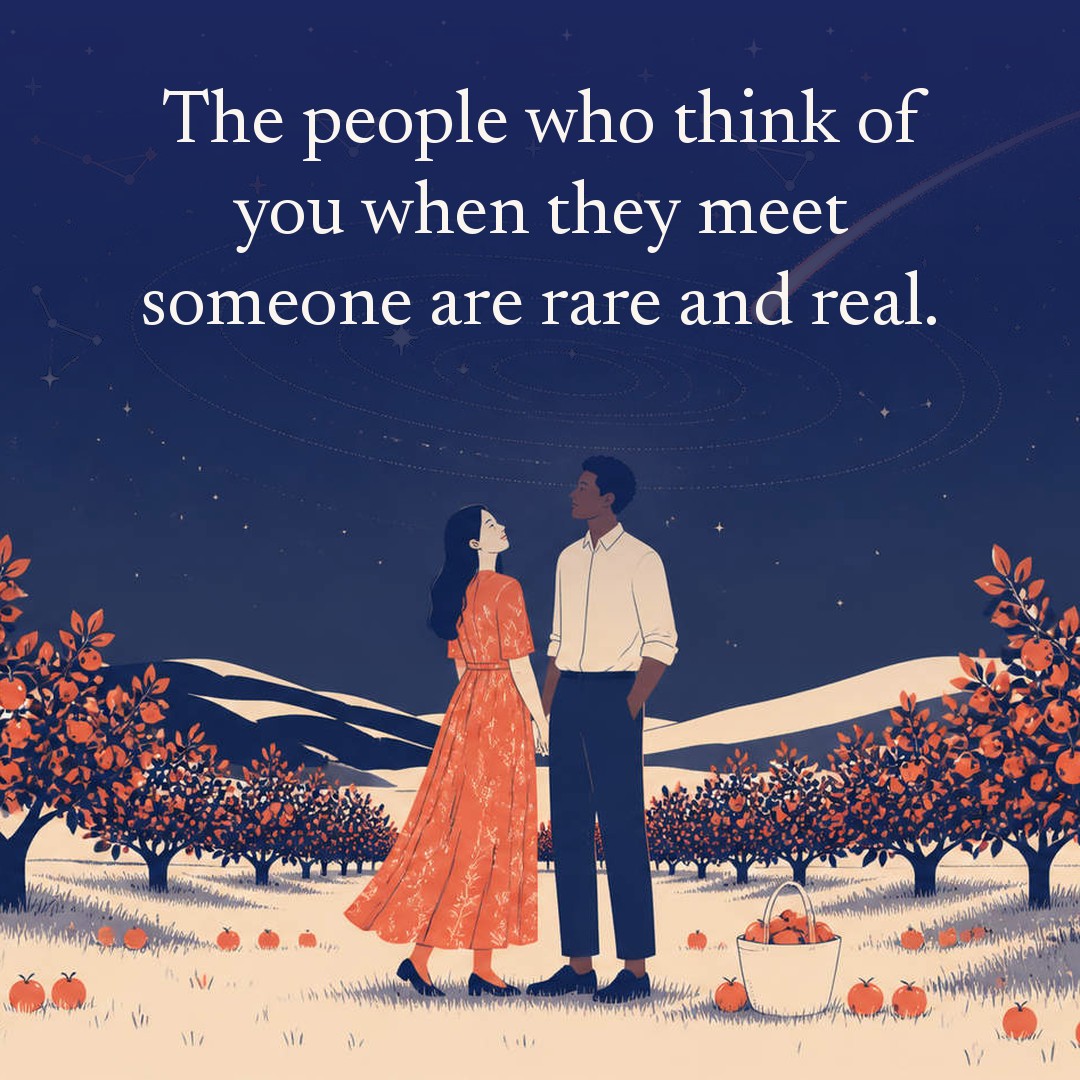 “The people who think of you when they meet someone are rare and real.” A couple, two adults in an orchard between low fruit trees, fallen fruit in the grass at night, beneath a vast star field, delicate constellation lines, faint concentric orbital rings and one long comet arc across a deep navy night sky, with a crescent moon low at one side.