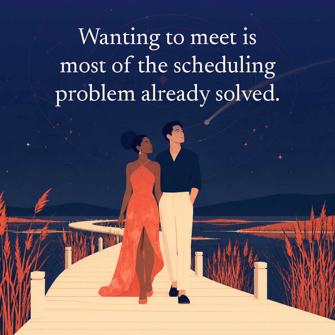 “Wanting to meet is most of the scheduling problem already solved.” A couple, two adults on a raised boardwalk over a reed marsh at night, beneath a vast star field, delicate constellation lines, faint concentric orbital rings and one long comet arc across a deep navy night sky, with a crescent moon low at one side.