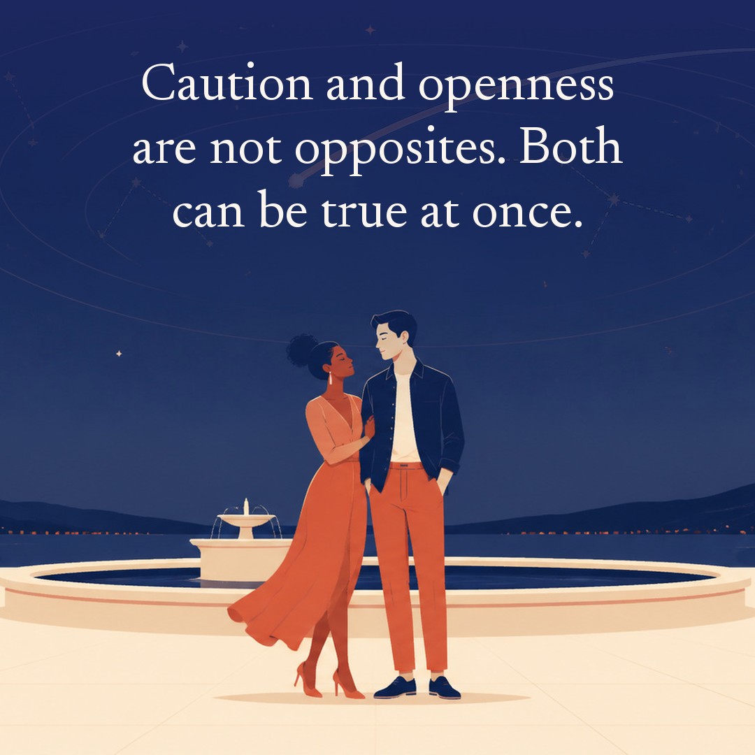 “Caution and openness are not opposites. Both can be true at once.” A couple, two adults in a wide empty plaza beside a low circular fountain at night, beneath a vast star field, delicate constellation lines, faint concentric orbital rings and one long comet arc across a deep navy night sky, with a crescent moon low at one side.