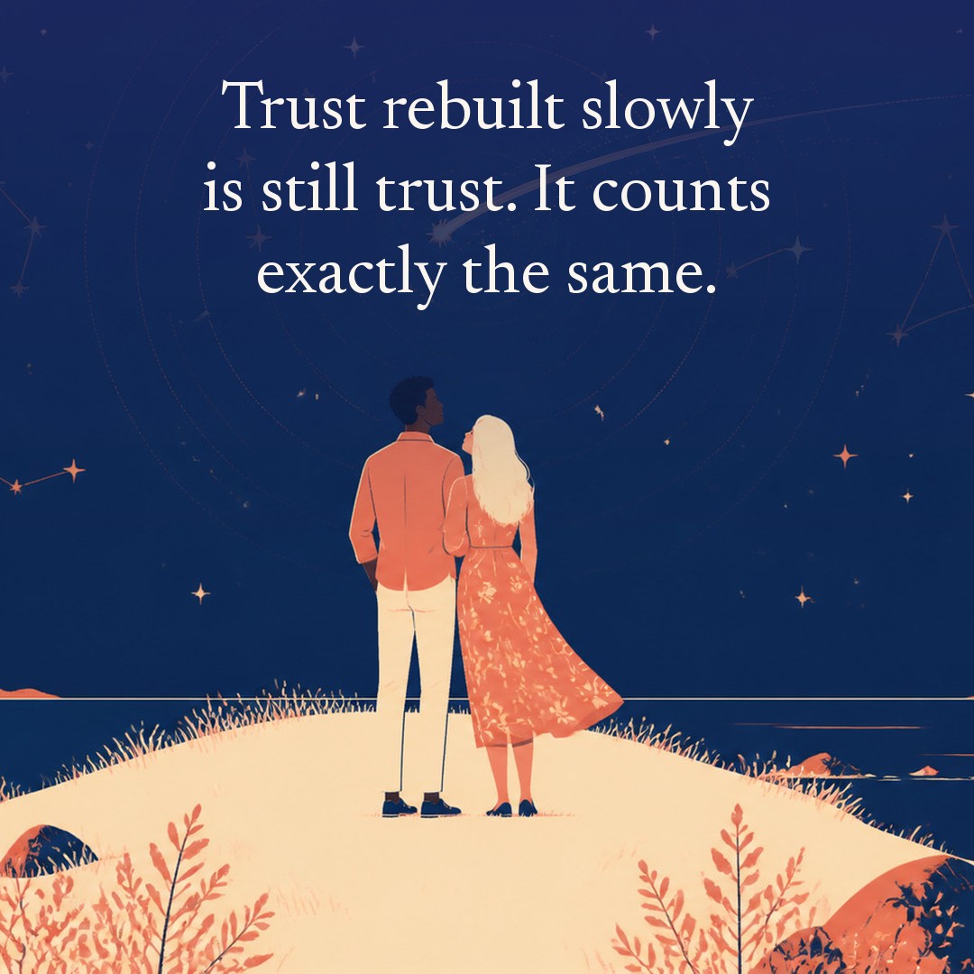 “Trust rebuilt slowly is still trust. It counts exactly the same.” A couple, two adults on a headland of short grass, sea on three sides at night, beneath a vast star field, delicate constellation lines, faint concentric orbital rings and one long comet arc across a deep navy night sky, with a crescent moon low at one side.