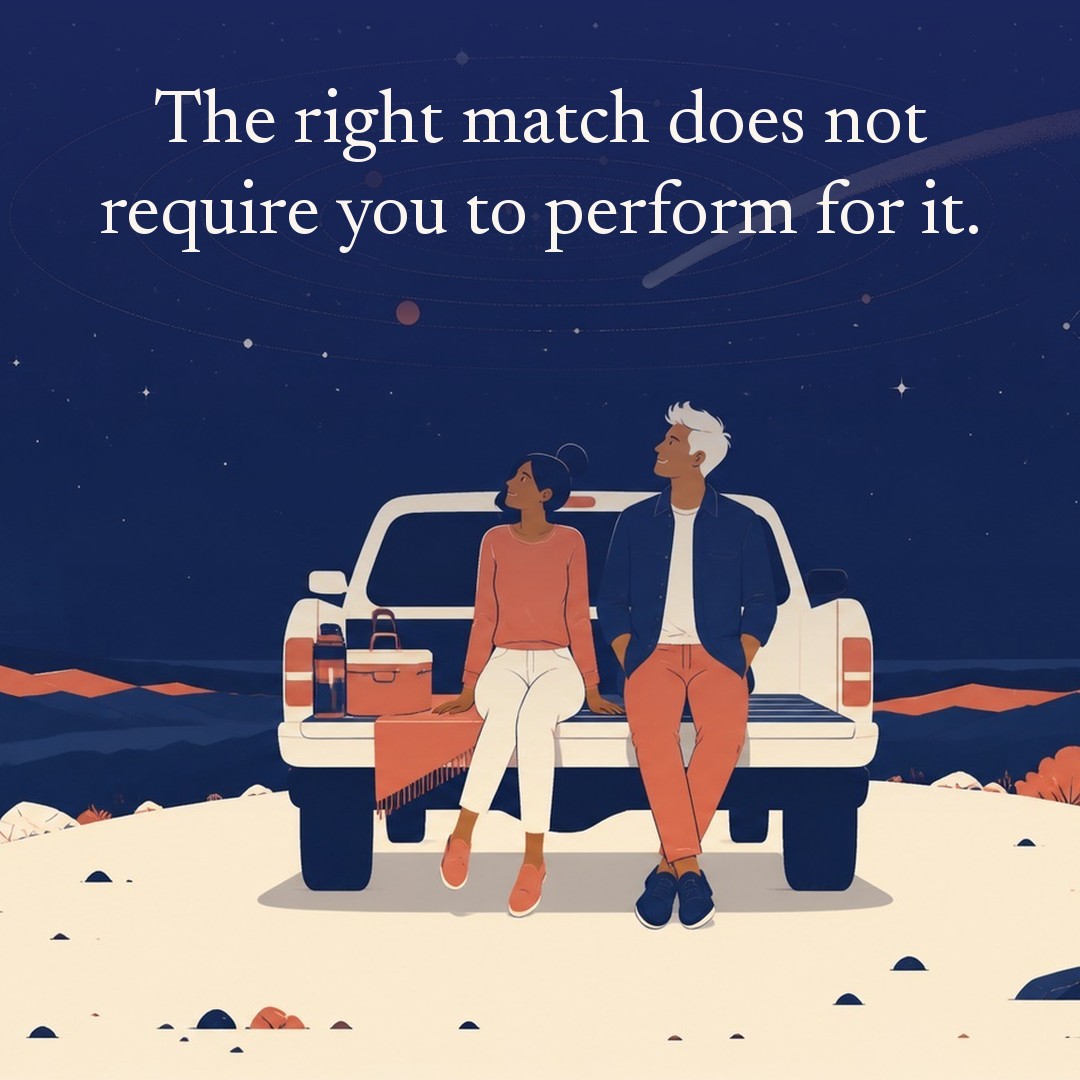 “The right match does not require you to perform for it.” A couple, two adults sitting on the tailgate of a parked pickup truck at a scenic overlook at night, beneath a vast star field, delicate constellation lines, faint concentric orbital rings and one long comet arc across a deep navy night sky, with a crescent moon low at one side.